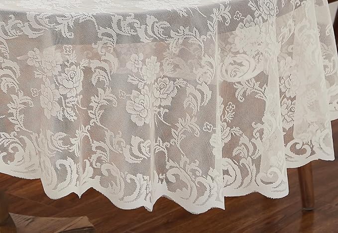 LinenZone Extra Large Ivory Round Tablecloth for Rustic Vintage Decor. Sheer Lace Table Cloth Works Great As Wedding Tablecloth or Thanksgiving Table Cover. (Mia 120 Round, Ivory)