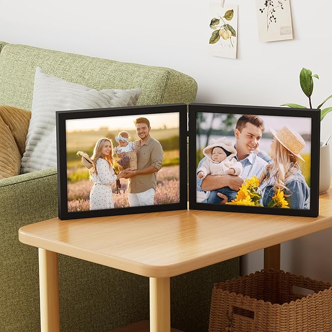 decorUhome Double 10x8 Picture Frame Vertical, Engineered Wood Bifold Photo Frame with Plexiglass for Tabletop Display, 10x8, Black