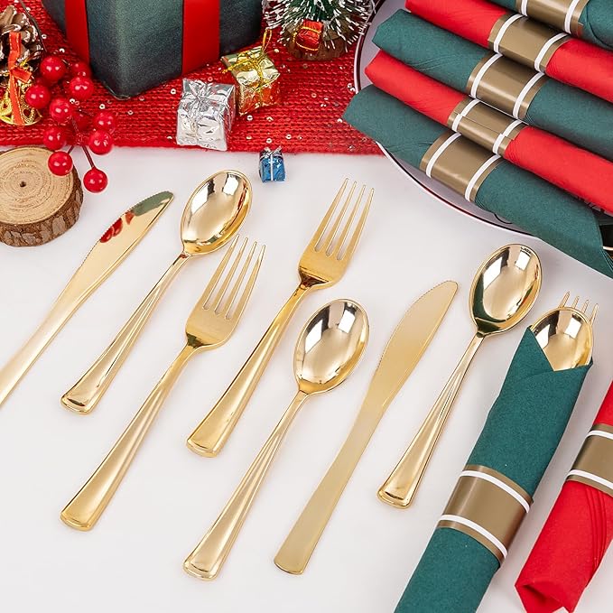 Supernal 240pcs Christmas Rolled Plastic Silverware,Gold Disposable Silverware,Wrapped Plastic Cutlery Set with Napkin,Pre Rolled Silverware Set Disposable,Christmas Cutlery Served for 60 Guests
