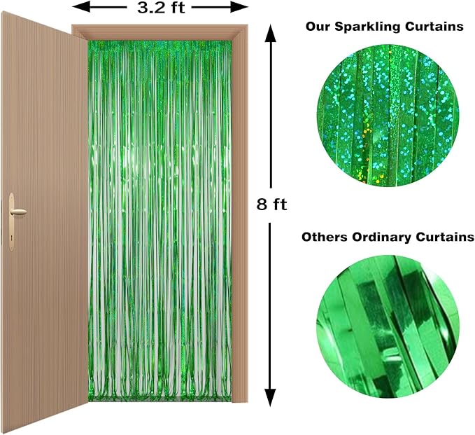 Melsan Foil Curtain Backdrop, 2 Pack 3.2 ft x 8.2 ft Tinsel Foil Fringe Curtains, Sparkle Metallic Foil Fringe Curtains for St Patricks Day Decorations Photo Booth Props Decoration, Green