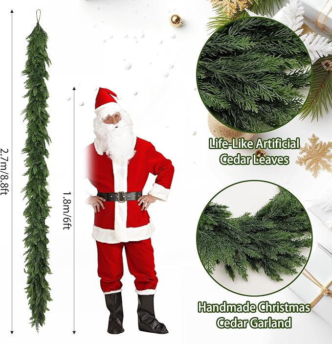 9FT Artificial Christmas Cedar Garland, Realistic Soft and Thick Touch Greenery Cedar Pine Garlands for Mantle Table Fireplace Door Stairs Holiday Christmas Decorations Outdoor Indoor(1pcs)
