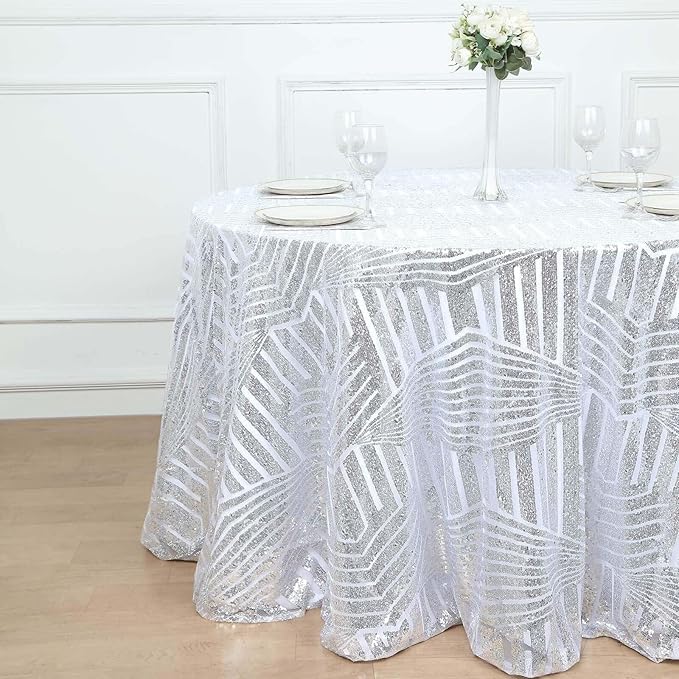 Efavormart 120" Silver Sparkly Sequin Geometric Tulle Round Tablecloth