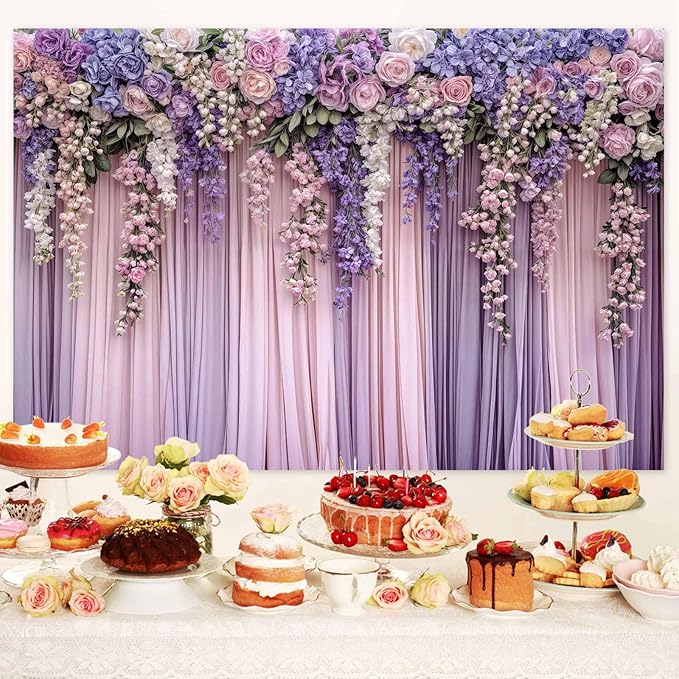 6x6ft Purple Flower Wedding Photography Backdrop Lavender Floral Wedding Bridal Photography Backdrop Anniversary Birthday Baby Shower Girl Party Banner Photo Booth Props Background Wall Decor