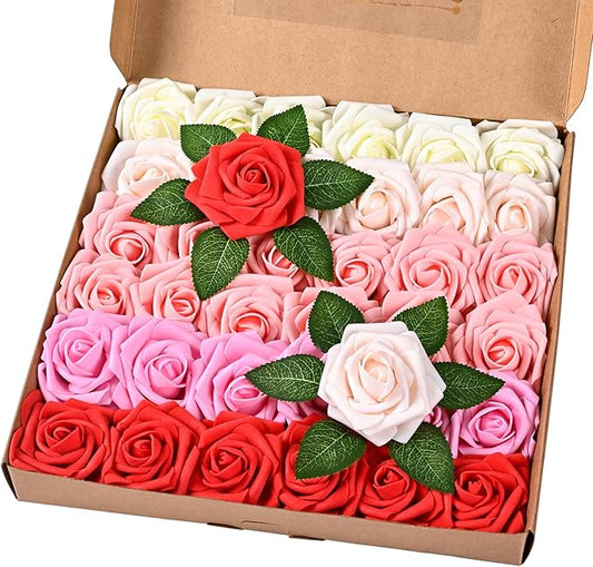 BLEUM CADE 36Pcs Artificial Flowers Fake Roses with Stems, Gradient Red & Pink Boxed Foam Roses for DIY Bouquets Centerpieces Wedding Party Arrangement Bridal Shower Decor