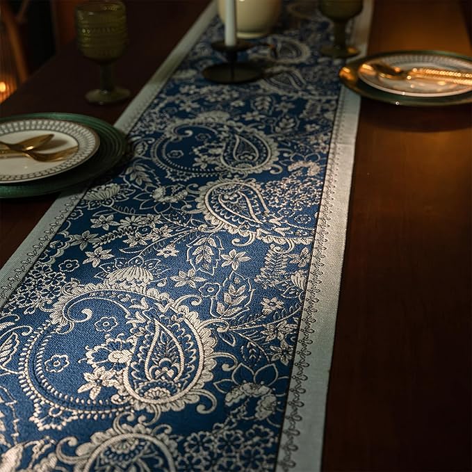 13×72 Inch Table Runner, Retro-Luxury Tassels Series for Kitchen Dining Table Holiday Decoration (Blue Pheonix)