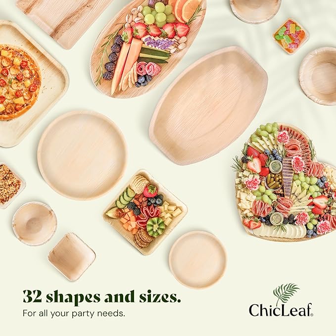 Chic Leaf Compostable & Biodegradable Palm Leaf Disposable Bamboo Plates - Disposable Party Plates for Appetizers - Camping Essentials - Reusable Party Supplies (10 & 7 Inch Square)