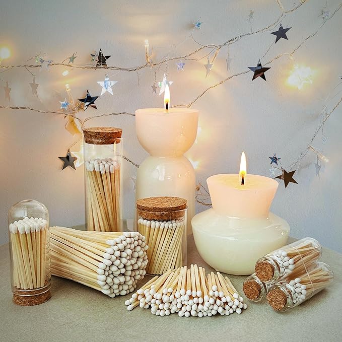 2" Matches in 6 Glass Bottles Cork Top, Striker Stickers Included | 120 Matchsticks Color of Your Choice | Decorative Safety Matches w/Small Glass Holder | Gifts & Home Decor by Thankful Greetings