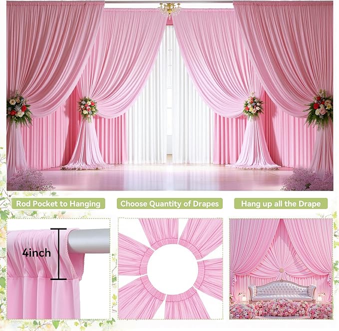 PartyVillage 10ft×15ft Baby Pink Backdrop Curtain for Wedding Parties, 2 Panels Wrinkle Free 15 FT Long Polyester Photo Backdrop Drapes Back Drop Cloth for Birthday Photography Background