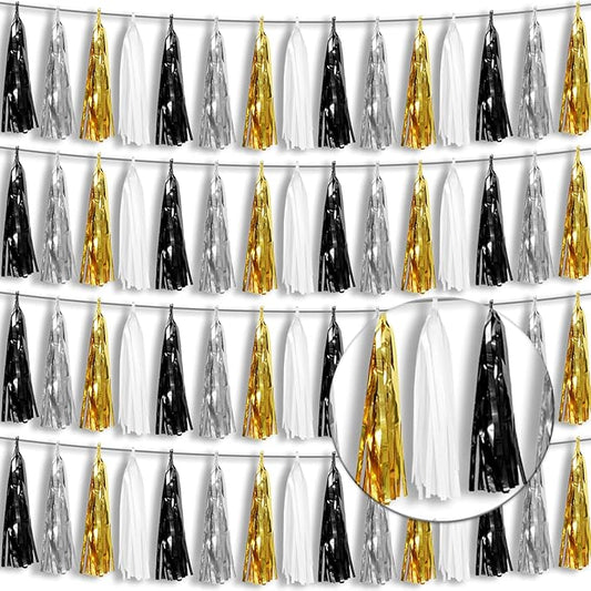 4P Black Gold Silver Foil Fringe Tassel Banner Garland Metallic Tinsel Streamers Wall Hanging Curtain Backdrop Banner for Parade Floats, 2024 Graduation Decorations, New Years Decorations, Father' Day