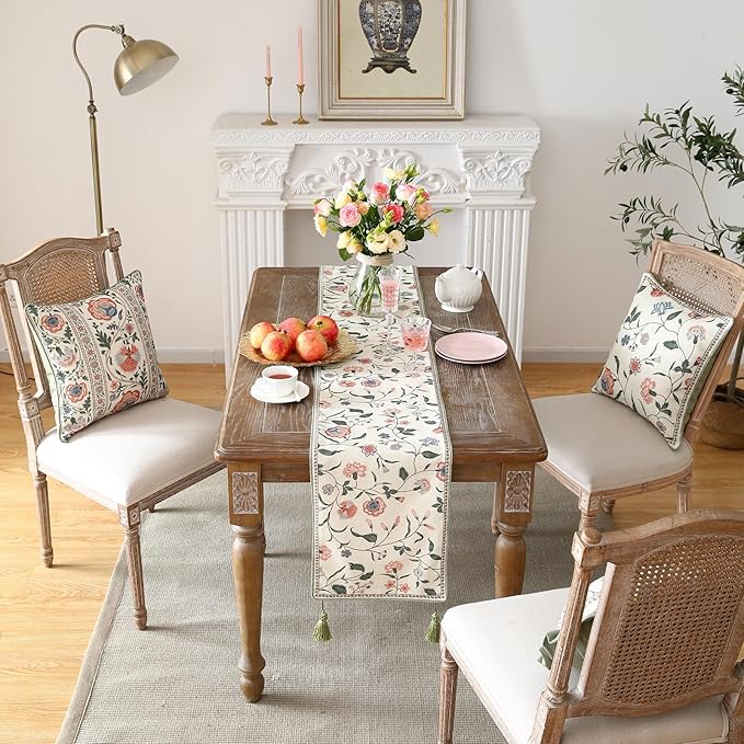 ISAENNE Designer Chinoiserie Elegant Linen Floral Table Runner 71 Inches Long,White Wrinkle Resistant Table Runners for Dining Tables,Thanksgiving,Kitchen Tables,Christmas,12"*71"-Daffy A