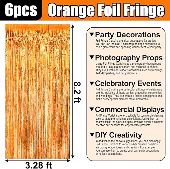 6 Pack Orange Foil Fringe Curtain Backdrop, 3.28Ft x 8.2Ft Metallic Tinsel Foil Fringe Streamer Curtains for Photo Booth, Birthday, Wedding, New Year Party Decorations