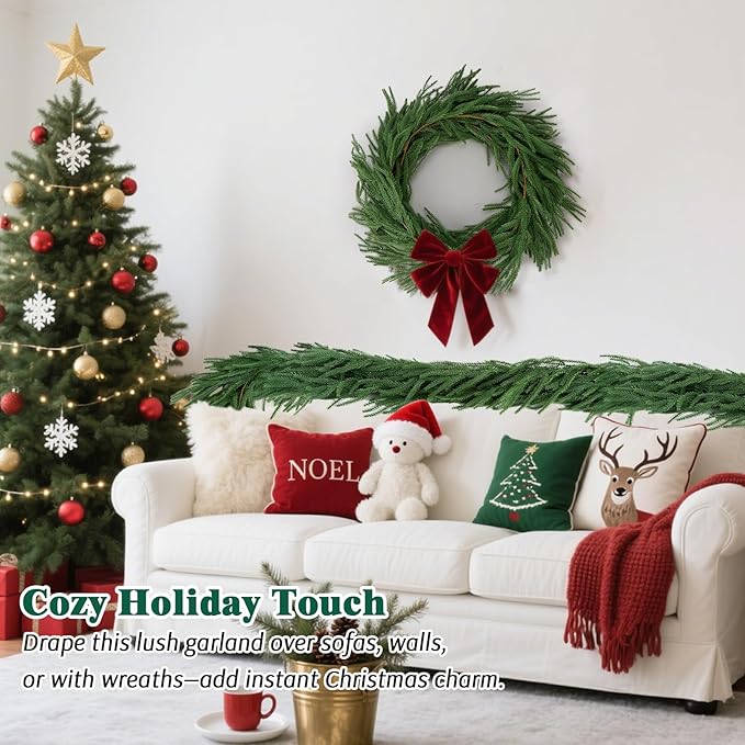 12FT（2 * 6FT）Norfolk Pine Garlands, Christmas Cedar Garland, Real Touch Faux Green Garlands, Winter Artificial Greenery Garland for Mantle, Stairs, Table, Fireplace, Indoor & Outdoor Xmas Decorations