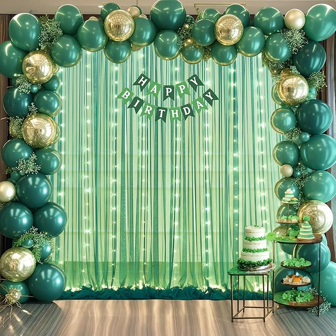 Hunter Green Tulle Backdrop Curtains with Lights String for Parites 10x10ft Sheer Backdrop Curtains Drapes for Birthday Party Bridal Shower Baby Shower Photo Booth Background Decorations