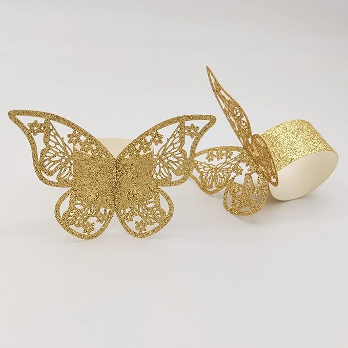 Butterfly Bright Gold Paper Napkin Rings Set of 100 pcs，3D Laser Cut Foil Cutout Paper Napkins Holder,Disposable Serviette Rings for Tables,Decorations,Wedding,Dinner,Party Decor