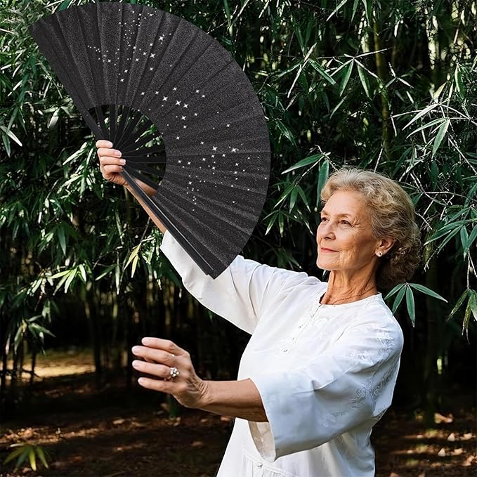 Glitter bling Large Folding Fan-Hand Fan Rave Clack Popping Fan for Line Dancing Clacking Fans for Boots On The Ground Dance, Party for EDM, Music Festival, Hot Flashes, Party, Decoration(2pcs black)