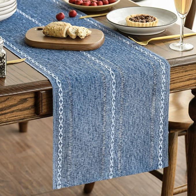 Artoid Mode Blue Rustic Cotton Linen Table Runner, Seasonal Embroidered Hollow Kitchen Dining Table Decoration for Home Party Decor 13x72 Inch