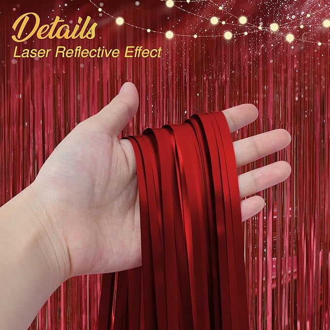 2 Pack Red Fringe Backdrop, 3.2x8.2ft Shining Foil Tinsel Curtains, Birthday Party Decorations Door Streamers for Halloween, Christmas, Wedding, Graduation, Holiday, Theme Events