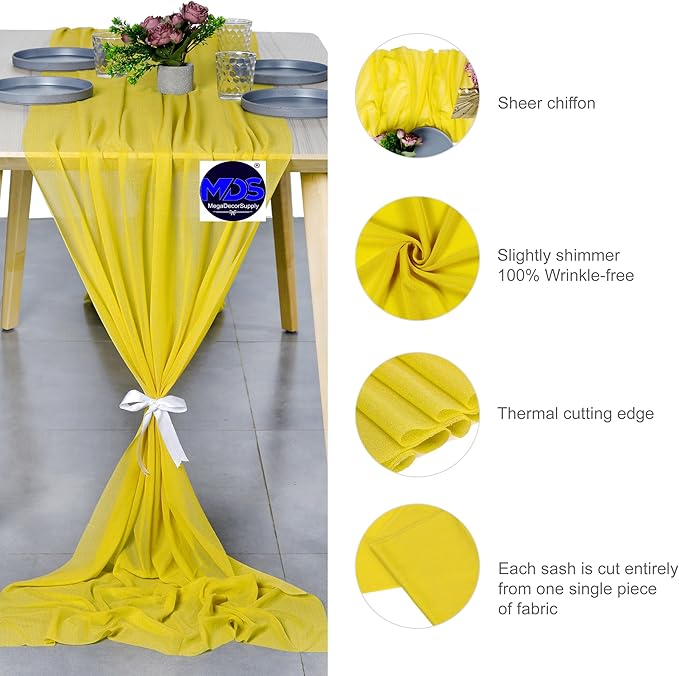 MDS 2 Pack 14ft Chiffon Table Runner 29 x 170 Inches Sheer Wedding Runner Romantic Rustic Table Runner for Wedding Decorations, Birthday Parties, Bridal Shower Party Arch Decor - Yellow