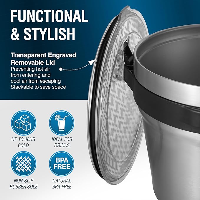 Insulated Ice Bucket with Lid & Scoop-XL Double-Walled, bar Essentials for Entertaining, Holiday Party, Stainless Steel Wine Chiller, Beverage Tub with Handle, Bottle Opener, Great Gift(Steel Black)
