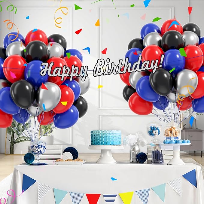 60pcs Spider Theme Balloons, Black Silver Red and Blue Balloons for Baby Shower Spider Theme Birthday Party Decorations