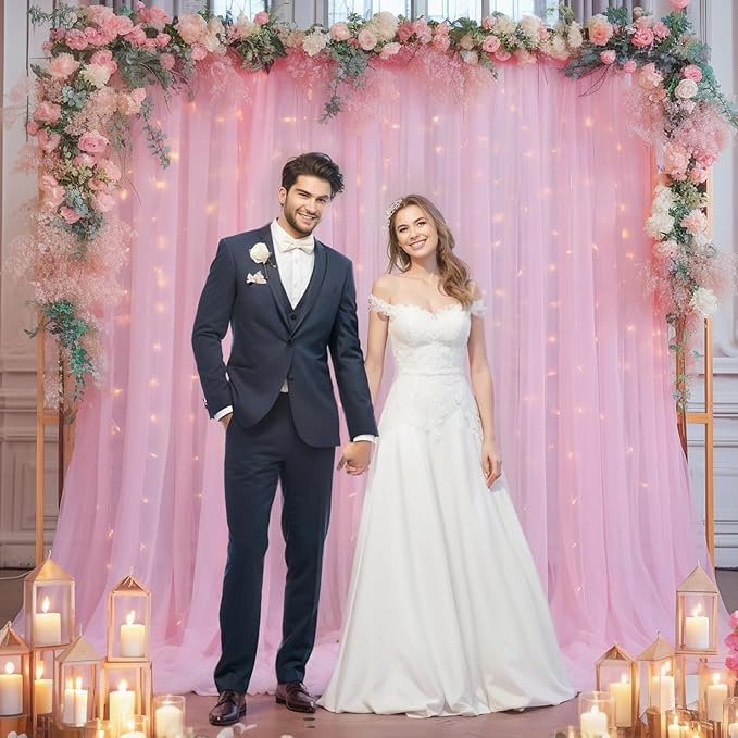 30×10ft Pink Tulle Backdrop Curtain with Lights String for Parties, Sheer Photo Backdrop Curtains for Wedding Party Photography Background