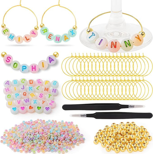 60 Sets DIY Wine Glass Charms – 780 Letter Beads 120 Gold Beads 60 Charm Rings 2 Tweezers, Drink Identifier Charms Wine Glass Marker Tags for Wedding Cocktail Bachelorette Party Decoration (Luminous)