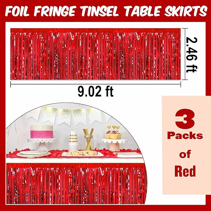 3 Pack 29 x108 Inch Red Foil Fringe Table Skirts Metallic Banner for Tinsel Streamer Garland Backdrop for Parade Floats Mother's Day, Graduate, Birthday, Wedding Party Decoration