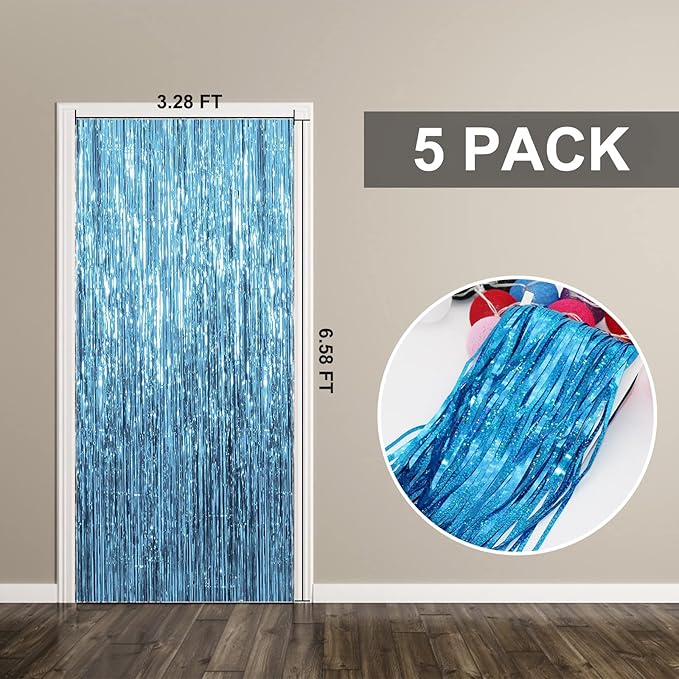 5 Pack Foil Curtain Backdrop Blue Metallic Tinsel Foil Fringe Curtains Photo Booth Props for Birthday Wedding Engagement Baby Shower Bachelorette Christmas Holiday Celebration Party Decorations