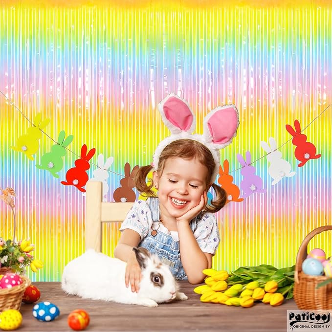 Easter Decorations Pastel Rainbow Streamers - Thicken 4 Pack 3.2 x 8.2 FT - Pastel Rainbow Foil Fringe Curtains, Pastel Backdrop for Birthday, Baby Shower, Spring Party Decorations