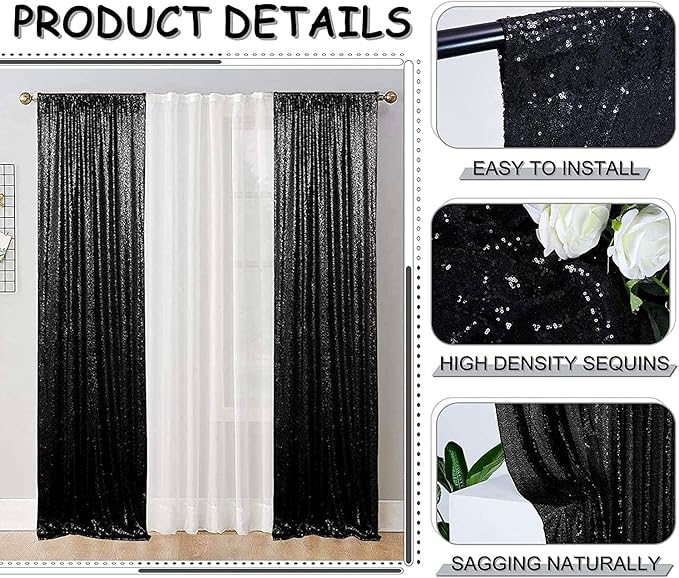 Black Sequin Backdrop Curtains Glitter Drapes 2FTx8FT 4 Panels for Wedding Birthday Party Decorations Bridal Baby Shower Party Supplies Sparkly Photography Background