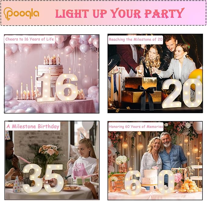 Pooqla Decorative LED Light Up Number Letters, White Plastic Marquee Number Lights Sign for 65th Birthday Party Wedding Decor, Battery Operated (65)