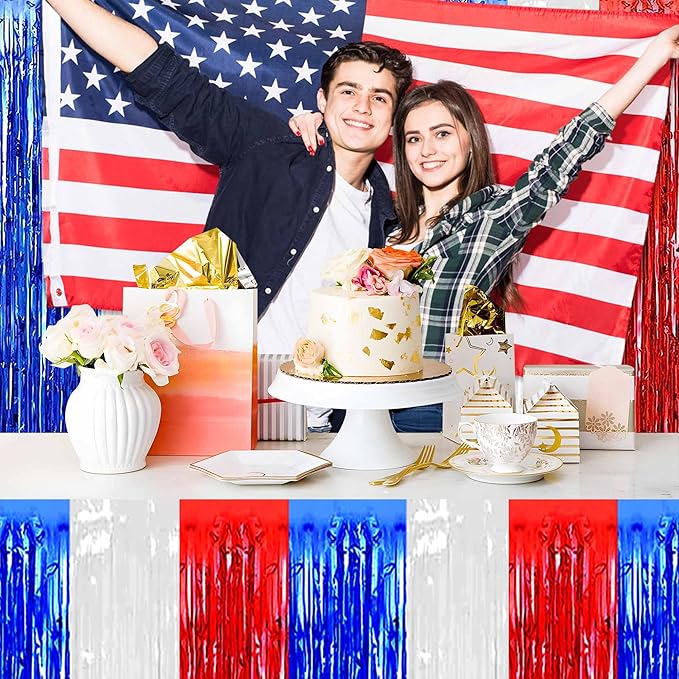 3 Pack 29 x108 Inch White Blue Red Foil Fringe Table Skirts Metallic Banner for Tinsel Streamer Garland Backdrop for Parade Floats Mother's Day, Graduate, Birthday, Wedding Party Decoration