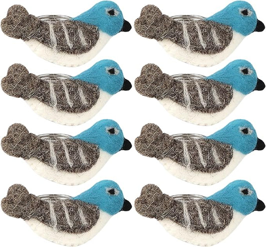 Wool Felt Napkin Ring Set of 8 - Bird Napkin Holder for Dining Table with Silver Electroplated Metal Base - Perfect for Spring, Holiday Parties, Rustic Event (White Blue Grey Black) - CLEENTABLE