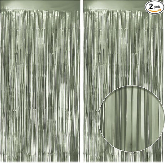 2 Pack Metallic Lime Green Fringe Backdrop, 3.2x8.2ft Shining Foil Tinsel Curtains, Birthday Party Decorations Door Streamers for Halloween, Christmas, Wedding, Graduation, Holiday, Theme Events