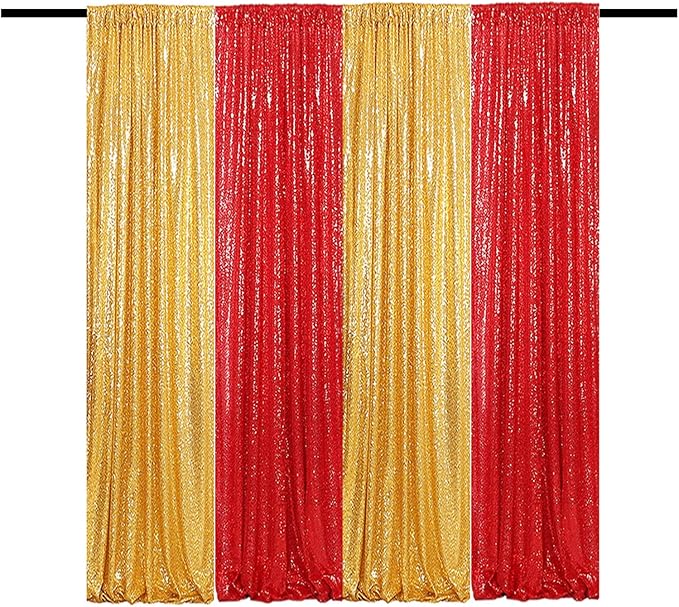 Sequin Backdrop Curtain 4 Panels 2FTx8FT Glitter Background Drapes Sparkle Photography Backdrop for Party Wedding Birthday Wall Decoration (Red× 2 and Gold×2)