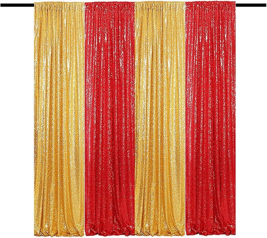 Sequin Backdrop Curtain 4 Panels 2FTx8FT Glitter Background Drapes Sparkle Photography Backdrop for Party Wedding Birthday Wall Decoration (Red× 2 and Gold×2)