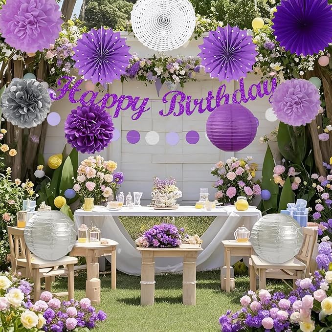 Purple and Silver Party Decorations-21PCS Happy Banner,Paper Lanterns Streamers,Tissue Pom Poms Honeycomb Flower Fan, Baby Bridal Shower Wedding Retirement Bachelorette Hanging Supplies Decor
