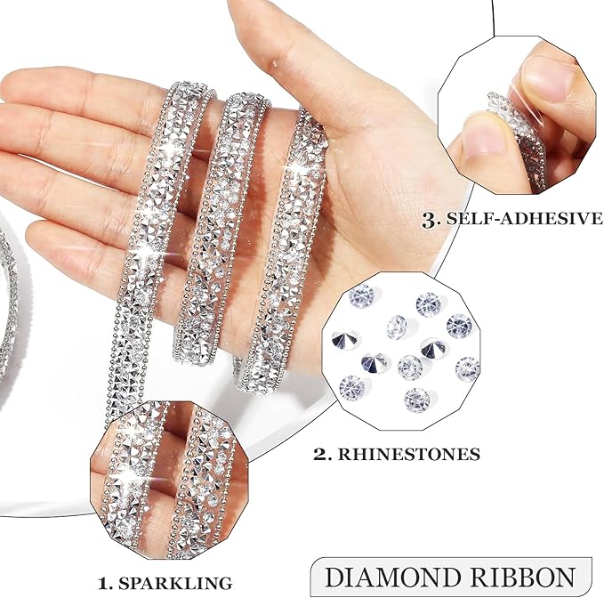 Rhinestone Ribbon 3 Yards Self Adhesive Rhinestone Strips Diamond Ribbon Sticker Crystal Roll Glitter Bling Rhinestones Tape for Crafting DIY Art Decoration (Silver,0.4 Inch)