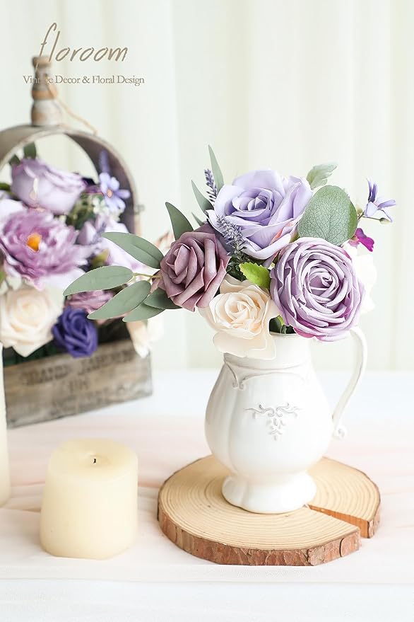 Floroom Lilac Lavender Artificial Flowers Fake Roses Peony and Greenery Combo Box Set for DIY Purple Wedding Bouquets Bridal Shower Centerpieces Floral Arrangements Party Tables Home Decorations