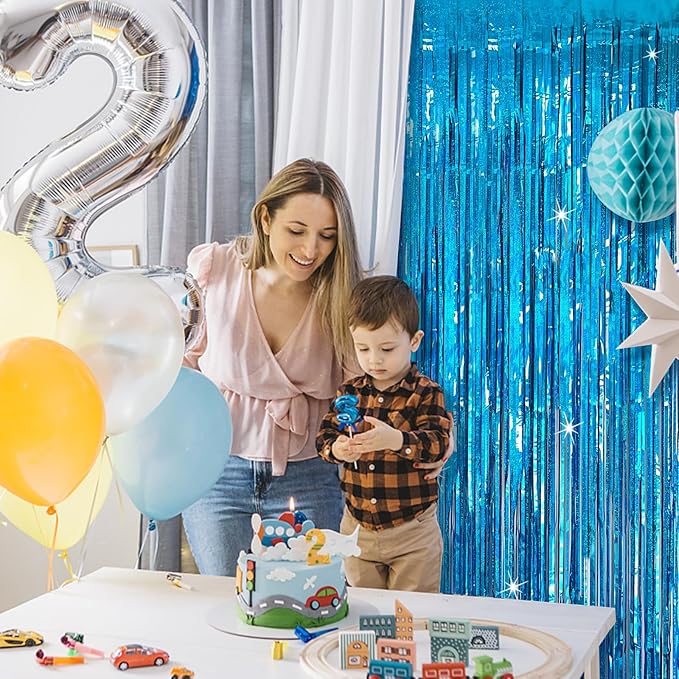 Tinsel Curtain Party Backdrop Blue Birthday Decorations 2 Packs Glitter Foil Fringe Curtain Party Decor Streamers Photo Booth for Birthday Christmas Wedding Halloween Graduation Decorations