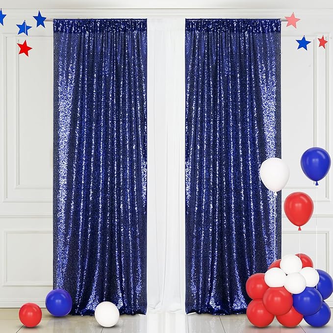 Eternal Beauty Navy Blue Sequin Backdrop Curtains, Shimmer Back Drop 2Panels-2FTx8FT for Independence Day Christmas, Party, Birthday, Photography, Wedding, Baby Shower Event Decoration
