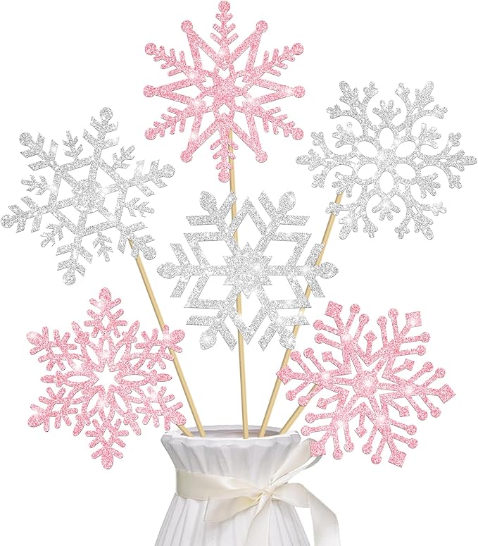 Snowflake Centerpiece Sticks Winter Frozen Theme Party Decorations 12PCS Glitter Snowflakes Table Toppers Ice Snowflake Centerpieces for Christmas Holiday Birthday Party Baby Shower Supplies