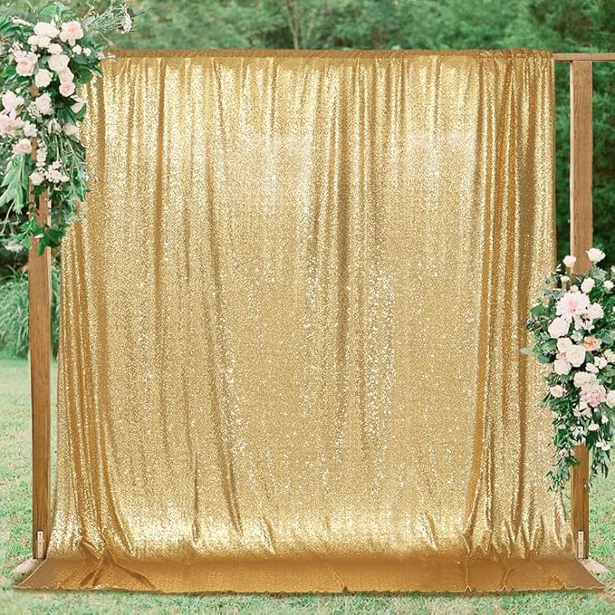 PartyDelight Sparkly Gold 8FT X 8FT Sparkly Sequin Backdrop Curtains for Wedding Party Room Decorations