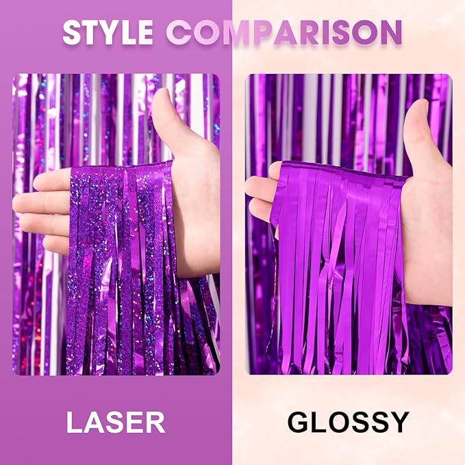 3 Pack 3.3 x 8.2 ft Laser Purple Foil Fringe Backdrop Curtains, Tinsel Streamers Birthday Party Decorations, Fringe Backdrop for Graduation, Baby Shower, Gender Reveal, Disco Party
