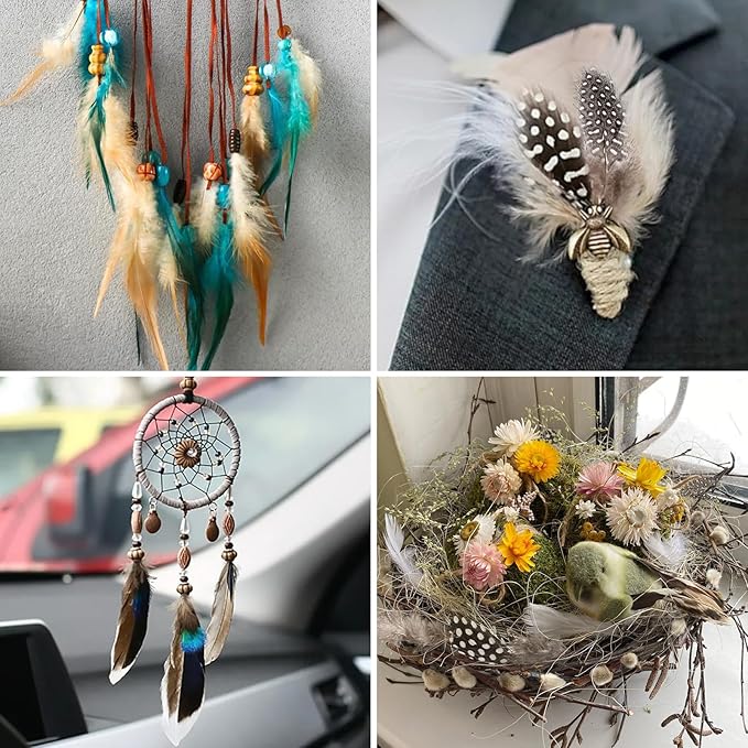 MAOFENG 120pcs 7 Styles Natural Bulk Feathers Assorted Mixed Feathers for DIY Crafts Dream Catcher Wedding Hair Hats Decoration,Guinea Fowl Feathers