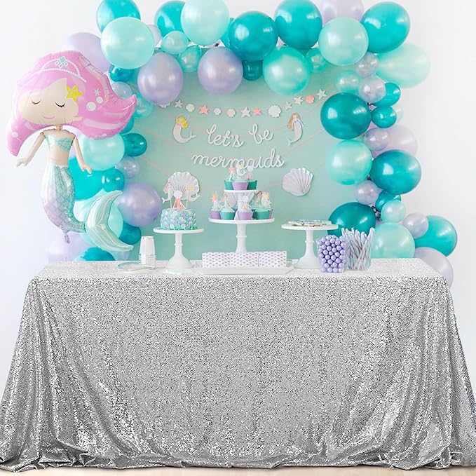 OQSQ Silver Sequins Tablecloth 60x102 inch, Sparkly Glitter Table Cover for Wedding Birthday Party Prom Decorations