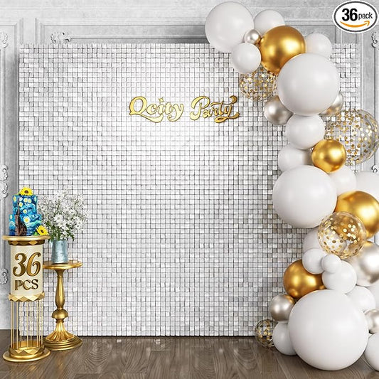 Qcity Mirror White Sequin Wall Backdrop 36PCS, Black Back Not See-Through Design, Square Sequin Glitter Backdrop Panel, Perfect for Outdoor Events, Birthdays, Wedding and Party Decoration