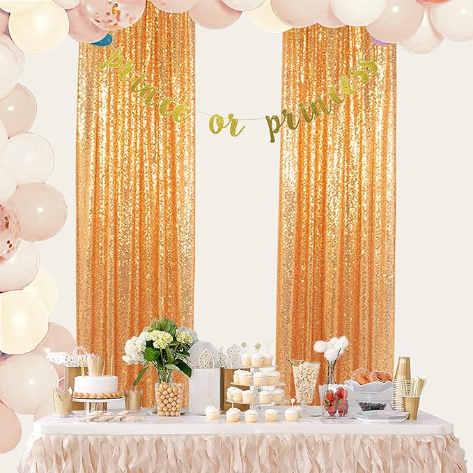 ShinyBeauty Gold Sequin Curtains 4 Panels Golden Backdrop Photo Backdrops Shimmer Background Birthday Party Weeding Decor Glitter Fabric Curtain (2FTx8FT)