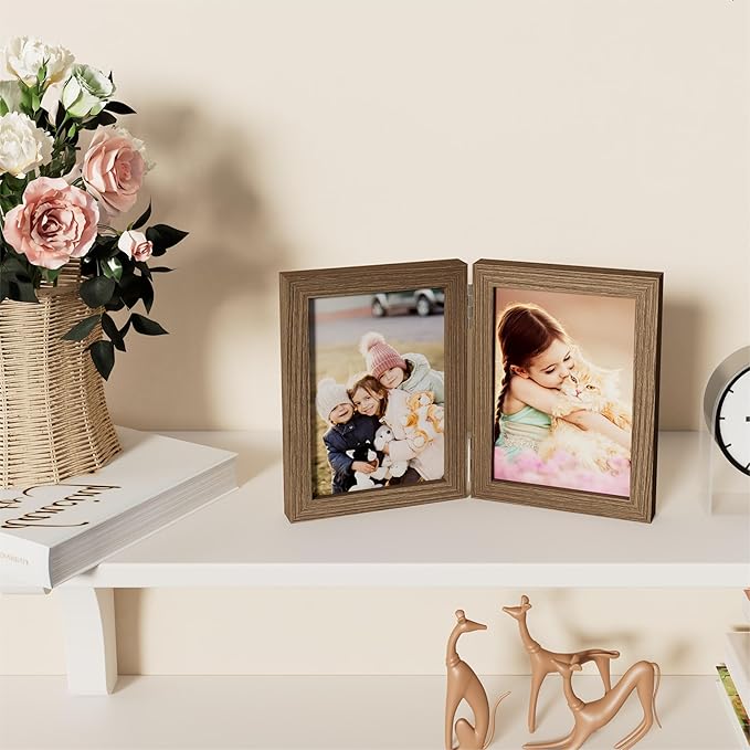 decorUhome Double 5x7 Picture Frame Vertical, Engineered Wood Bifold Photo Frame with Plexiglass for Tabletop Display, 5x7, Oak