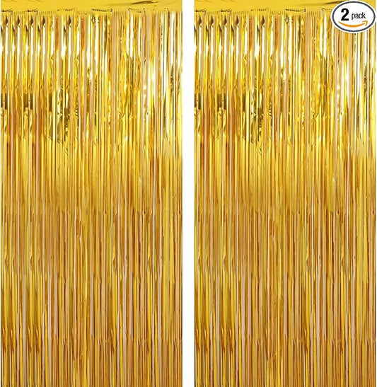 2 Pack Gold Christmas Streamers Party Decorations Gold Tinsel Backdrop Supplies Foil Curtain Backdrop for Baby Shower Birthday Bachelorette Wedding Engagement Holiday Celebration Party Decorations